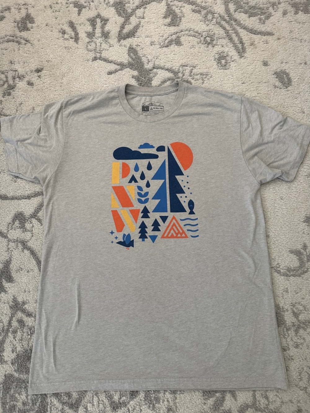 Women’s Graphic PNW Crewneck T-Shirt - Grey with Blue & Orange Print